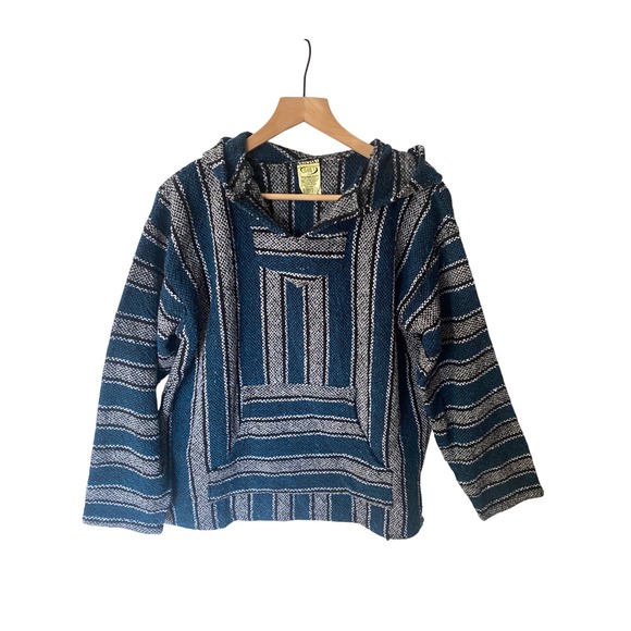 Franks Textiles Other - Franks Textiles Baja Hoodie Mens Large Blue Grey Striped Pullover Made in Mexico